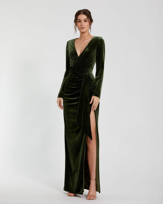 Formal Dresses Long Sleeve Formal Fitted Velvet Evening Dress Olive