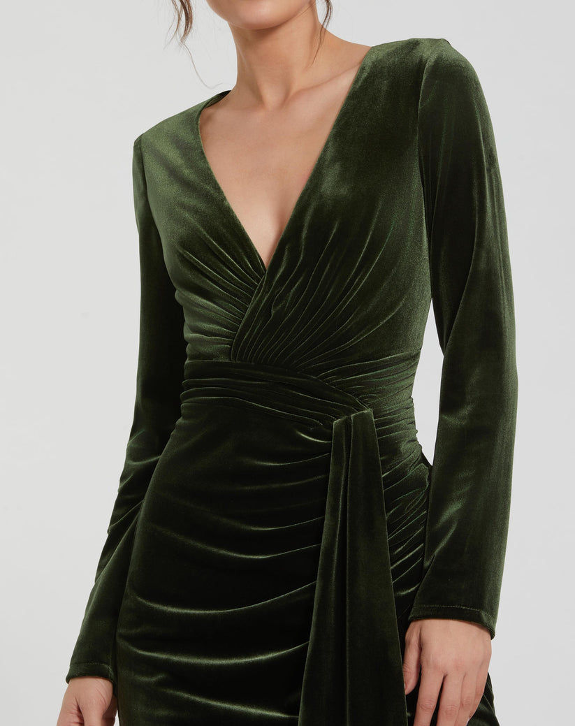 Formal Dresses Long Sleeve Formal Fitted Velvet Evening Dress Olive