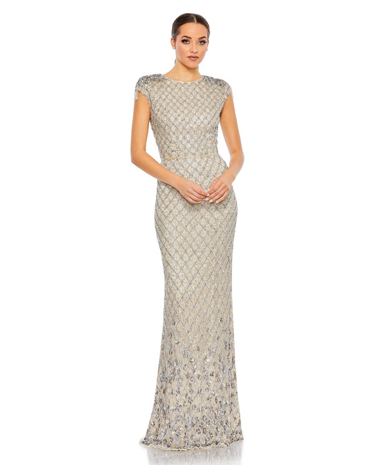 Formal Dresses Long Embellished Crystal Cap Sleeve Column Dress Silver Nude