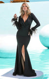 Formal Dresses Long Sleeve Formal Feather Slit Evening Dress Black