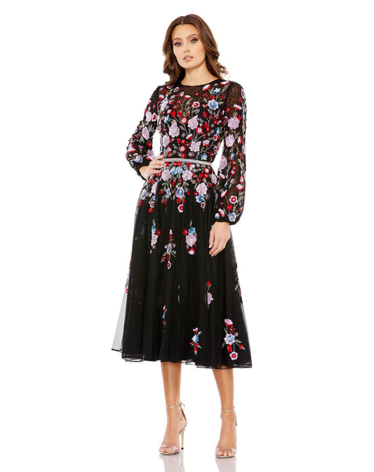 Cocktail Dresses Long Sleeve Floral A Line Cocktail Midi Dress Black Multi