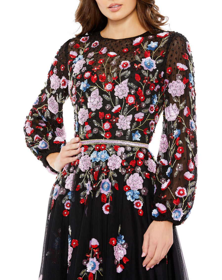 Cocktail Dresses Long Sleeve Floral A Line Cocktail Midi Dress Black Multi