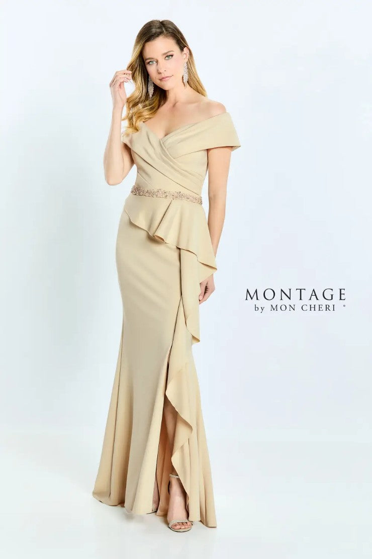 Formal Dresses Long Ruffle Slit Formal Evening Dress Taupe