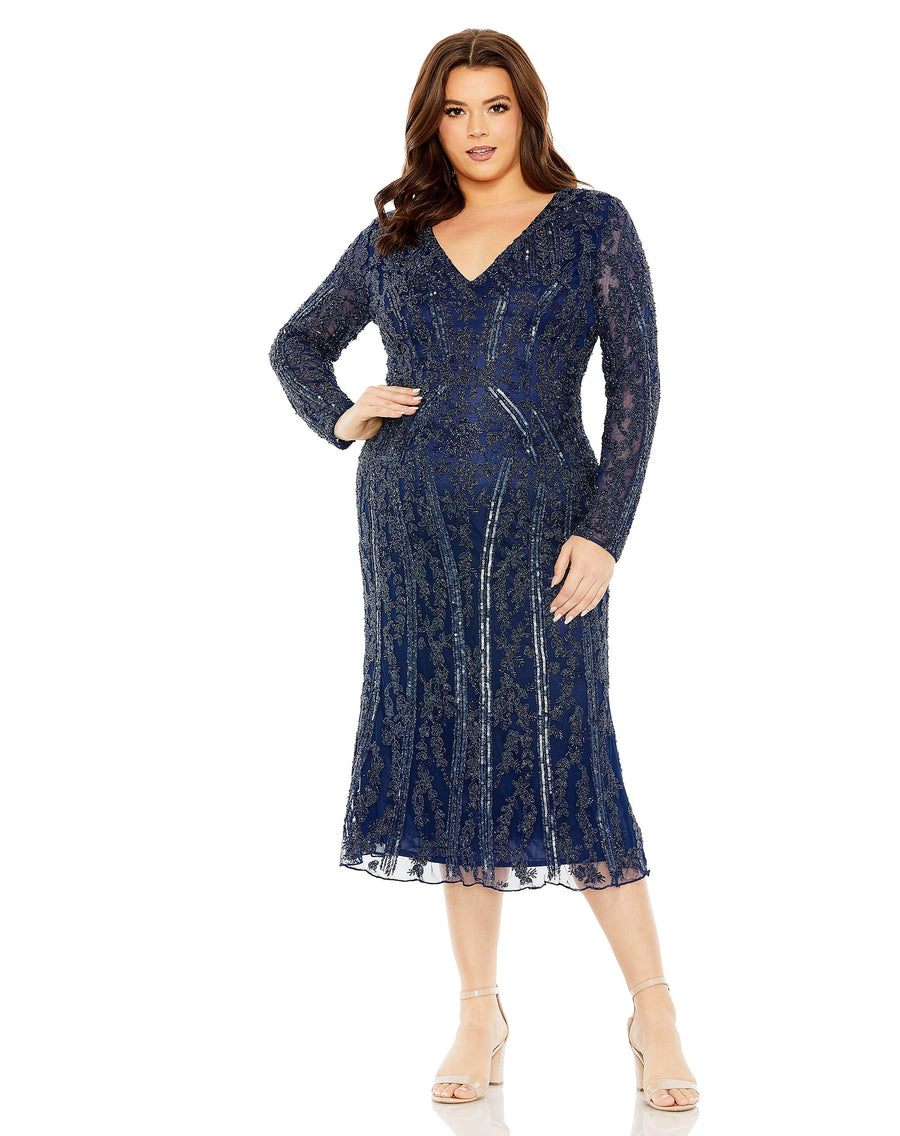 Plus Size Dresses Plus Size Long Sleeve Evening Fitted Midi Dress Midnight