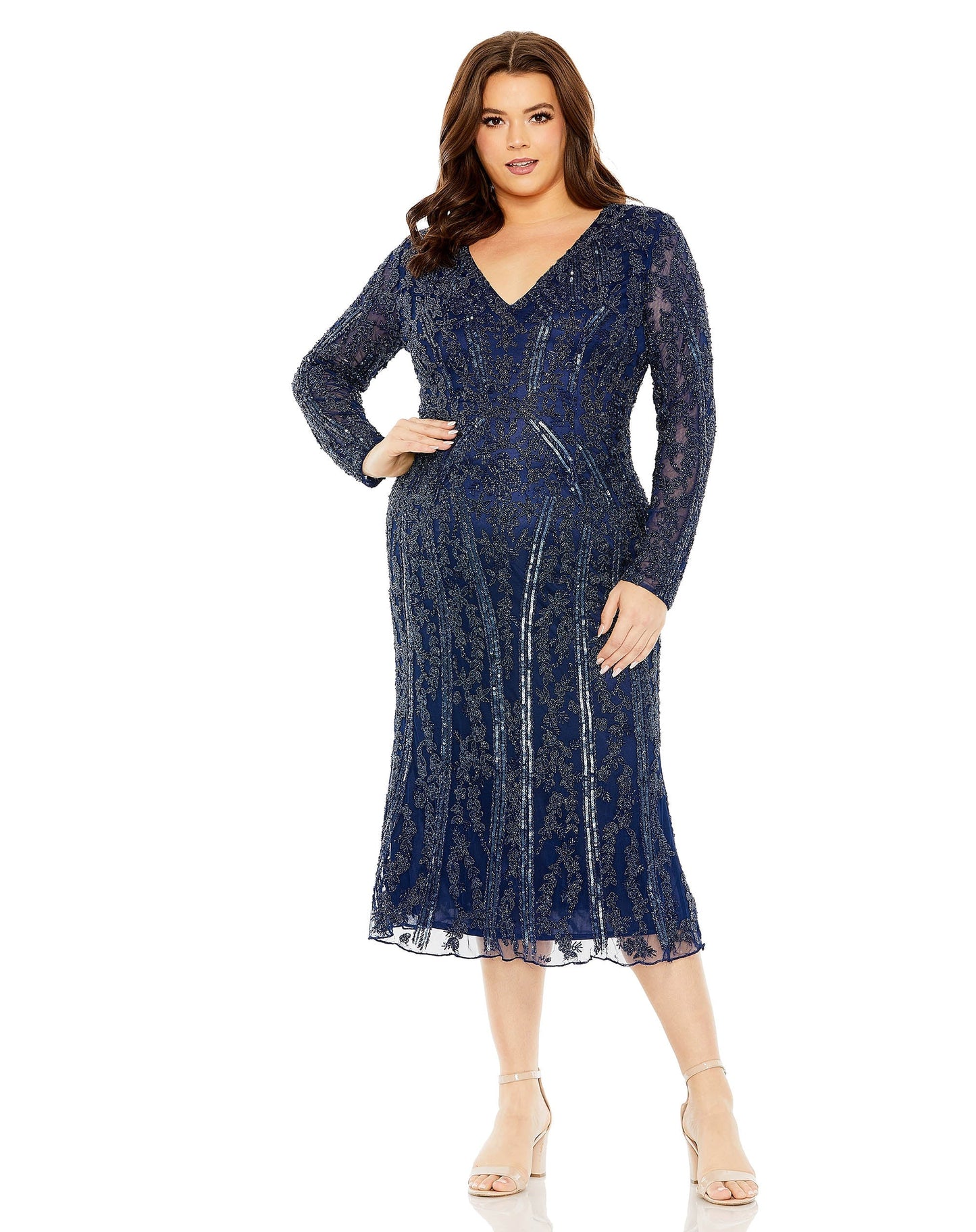 Plus Size Dresses Plus Size Long Sleeve Evening Fitted Midi Dress Midnight