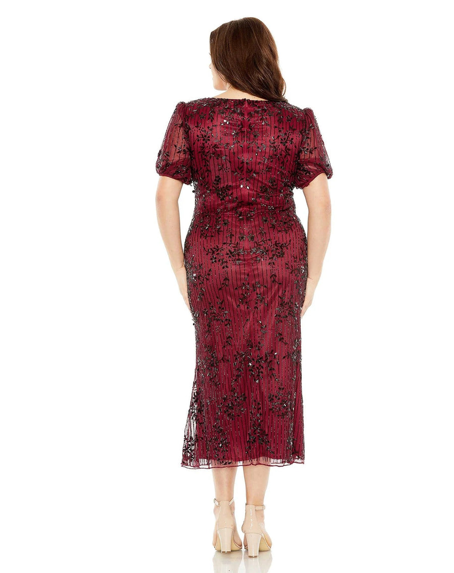 Plus Size Dresses Plus Size High Neck Puff Sleeve Embellished Midi Dress Burgundy