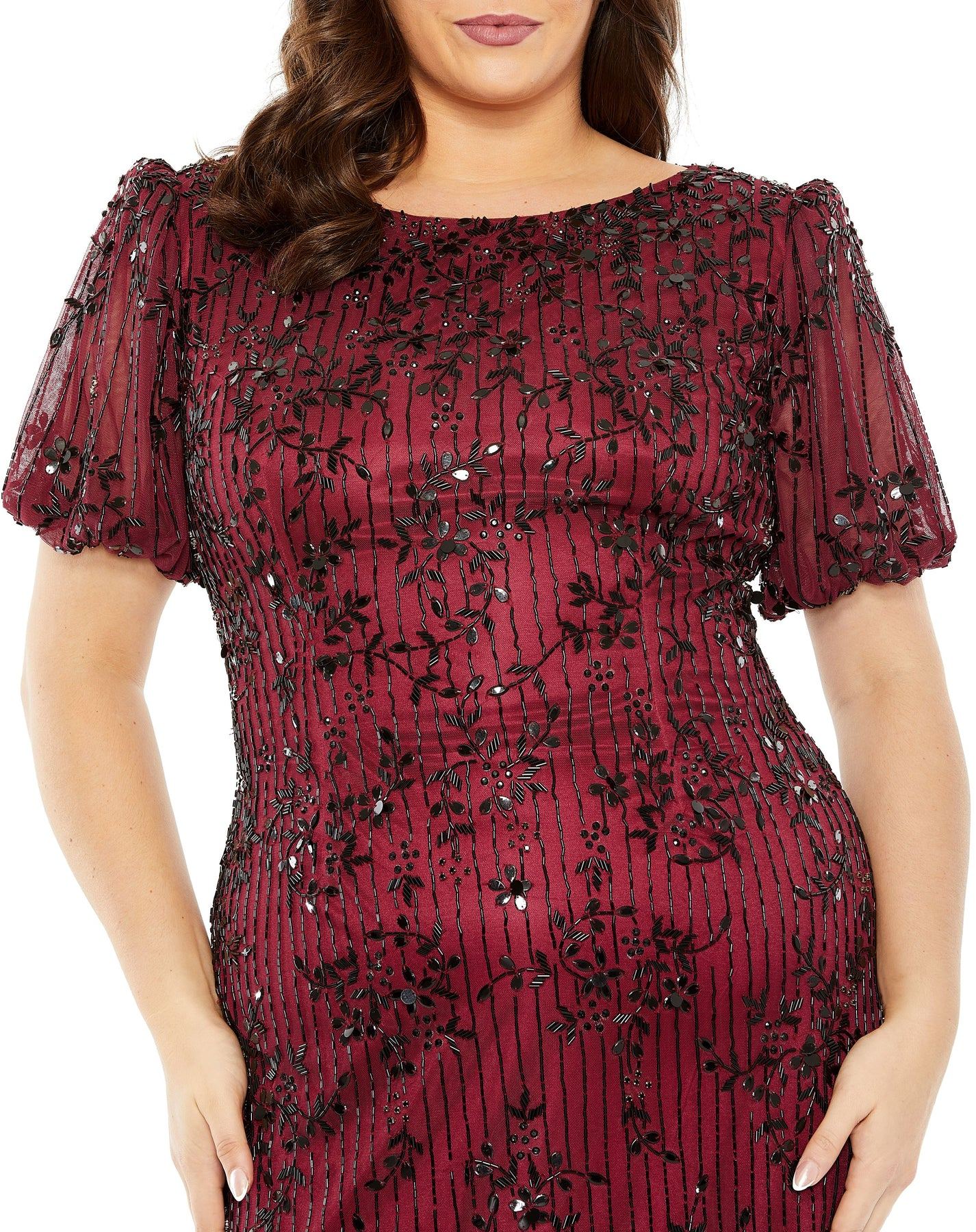 Plus Size Dresses Plus Size High Neck Puff Sleeve Embellished Midi Dress Burgundy