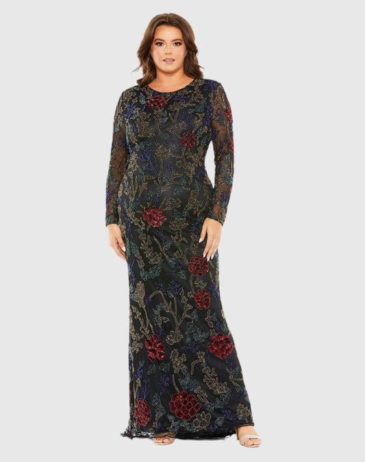 Plus Size Dresses Long Sleeve Plus Size Formal Beaded Evening Dress Black Multi