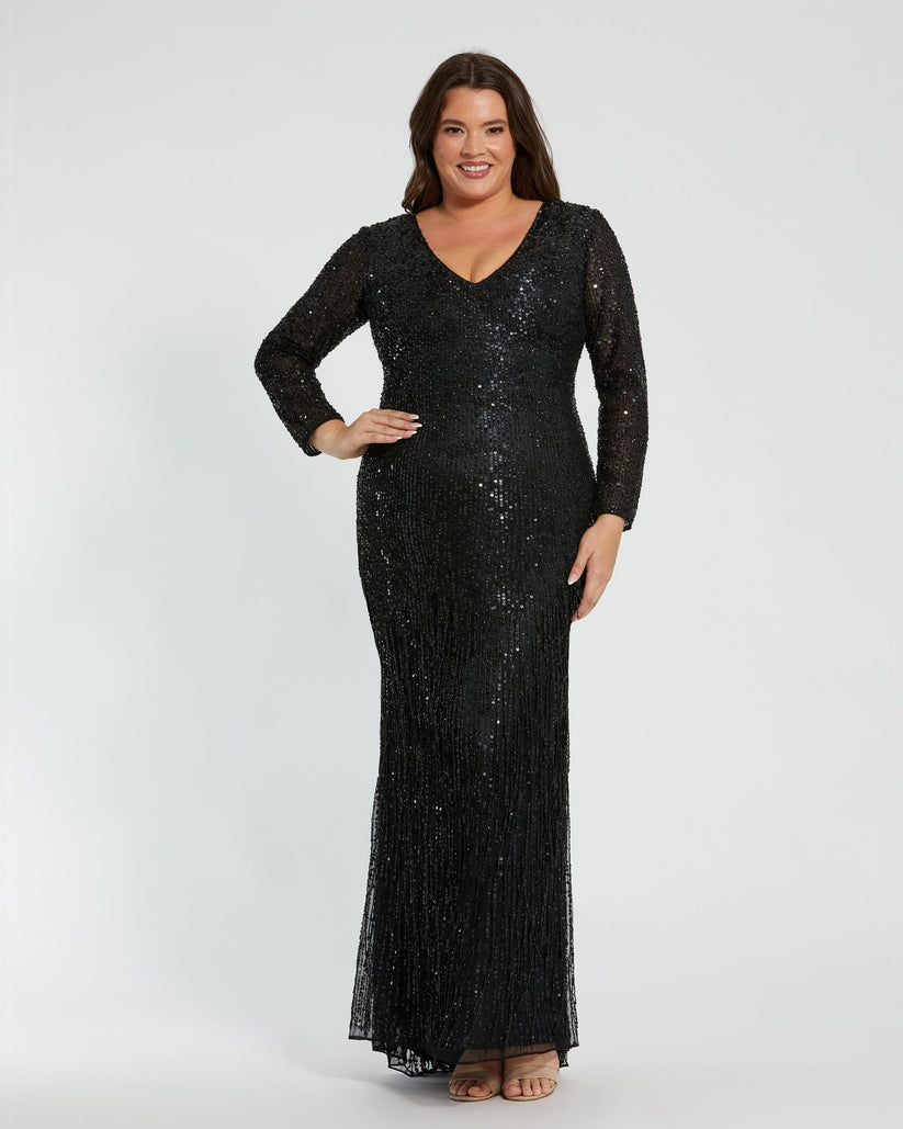 Plus Size Dresses Long Sleeve Beaded Fringe Plus Size Formal Dress Black