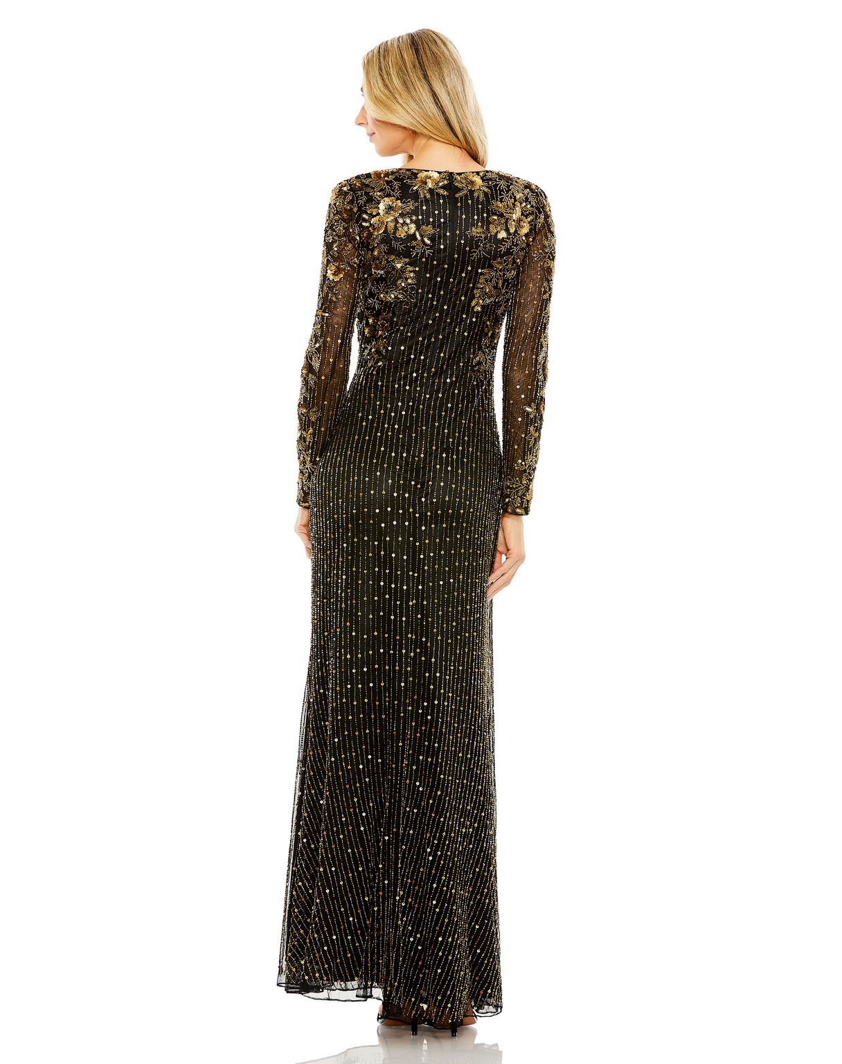 Formal Dresses Beaded Long Sleeve Formal Prom Dress Black Gold