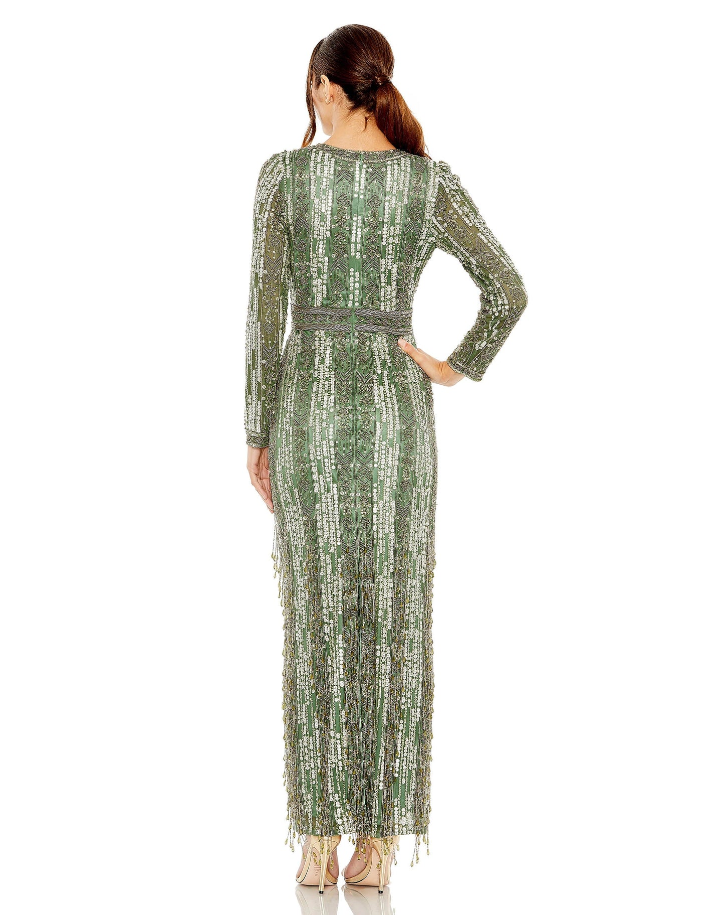 Formal Dresses Long Sleeve Crystal Fringe Column Dress Sage