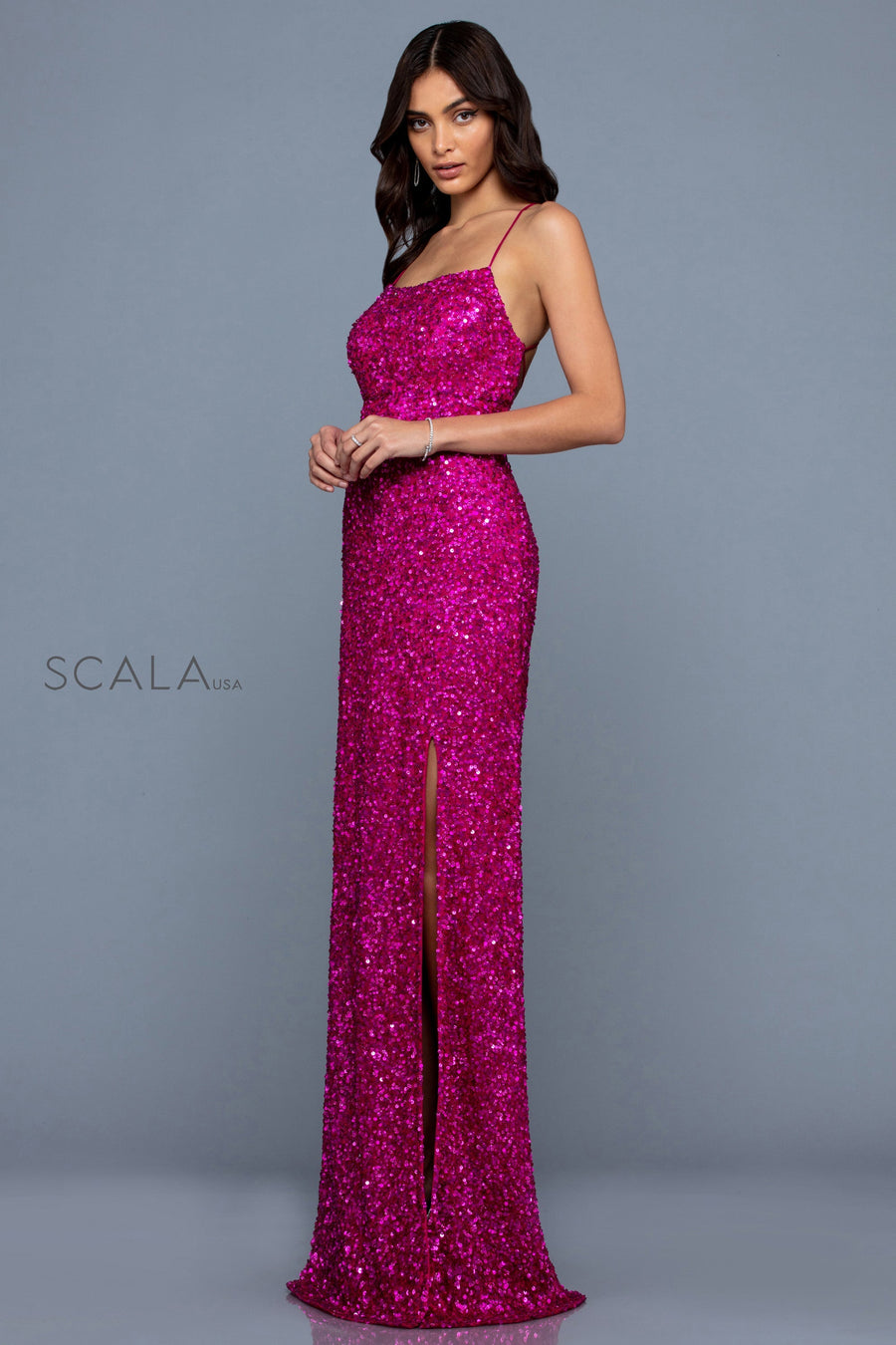 Prom Dresses Fitted Sequin Long Formal Slit Prom Dress Magenta
