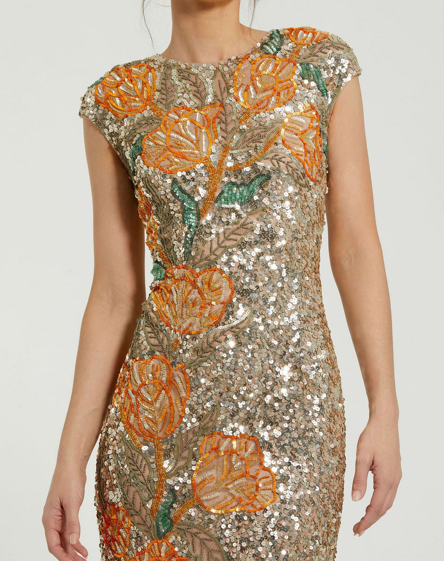 Formal Dresses Fitted Floral Beaded Long Formal Evening Dress Gold Multi