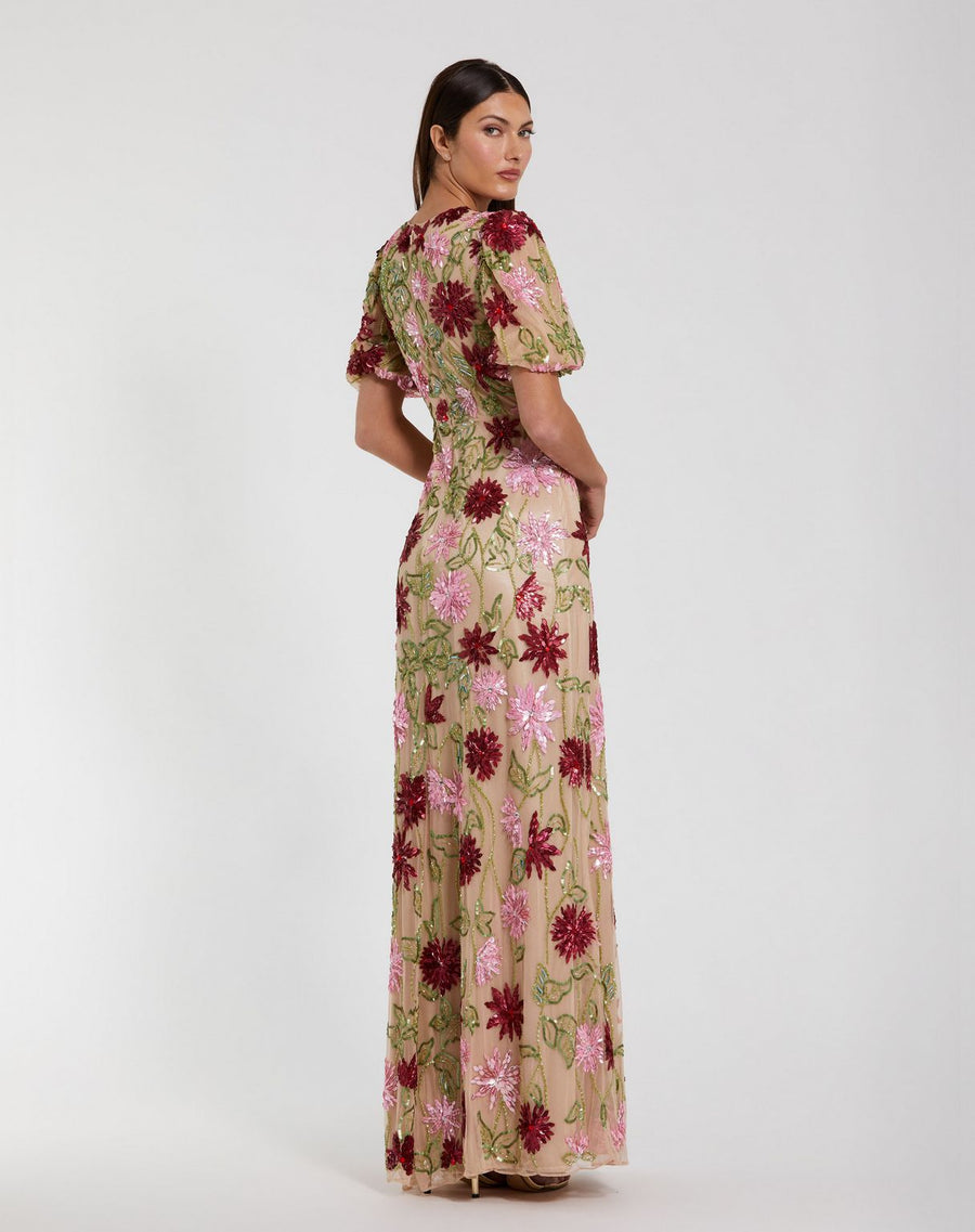 Formal Dresses Long Evening Gown Floral Beaded Formal Dress Nude Multi