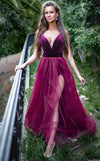 Prom Dresses A Line Long Slit Formal Overskirt Velvet Prom Dress Burgundy