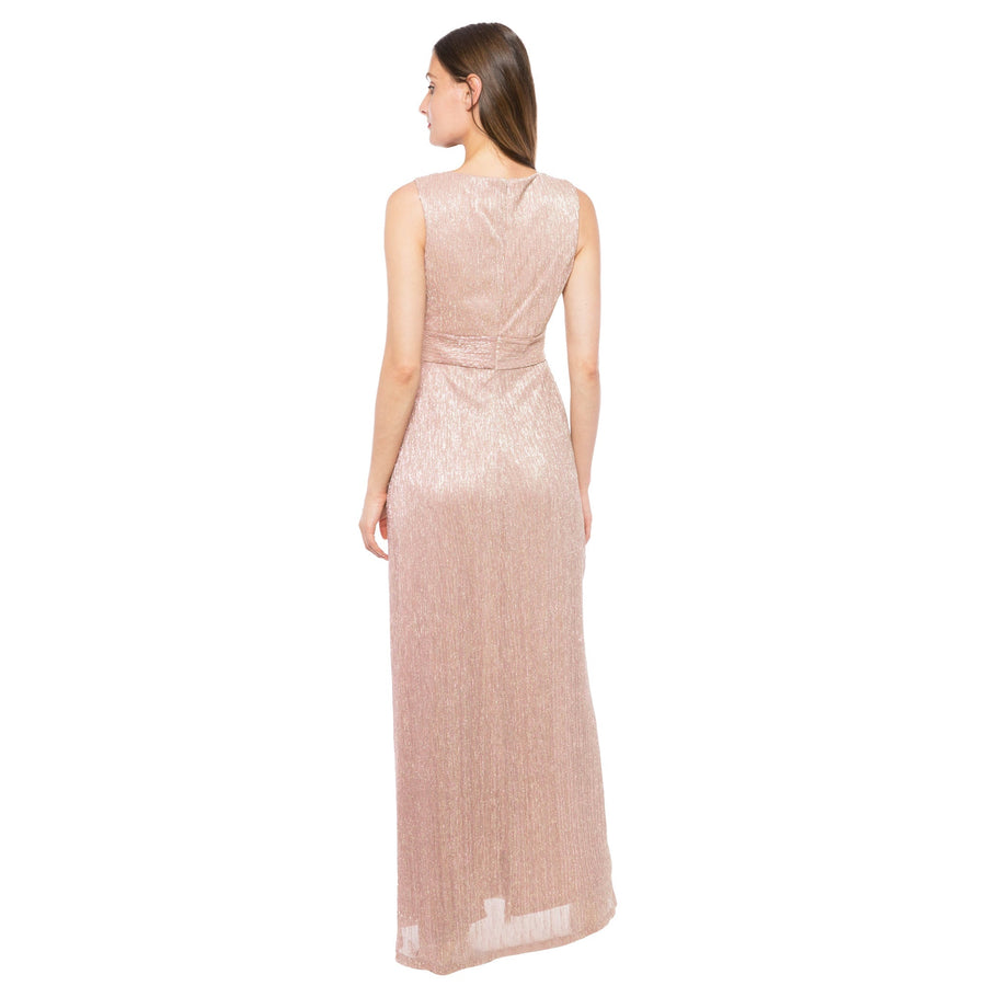 Formal Dresses Long Pleated Metallic Waist Shirring Dress Rose Gold