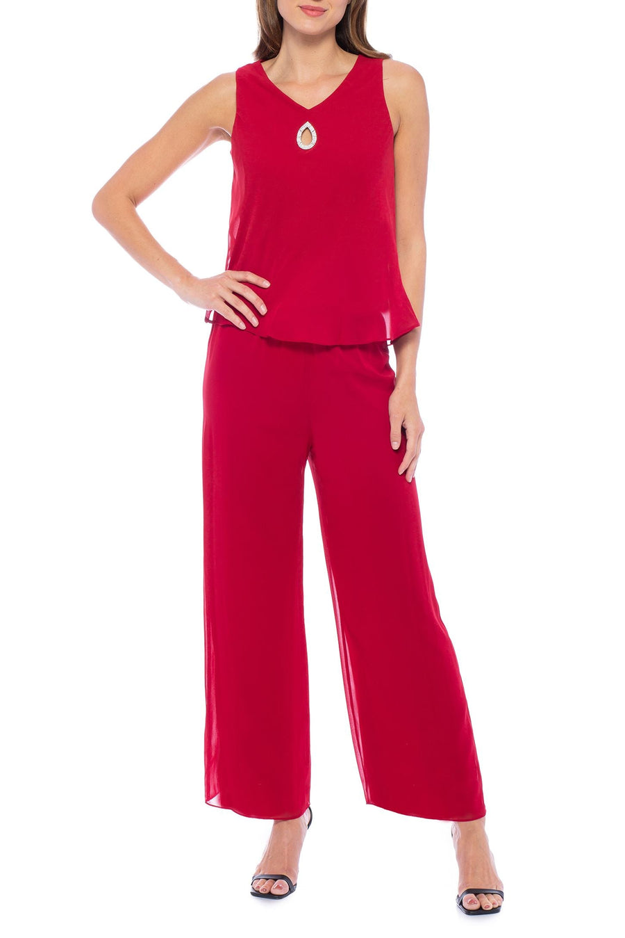 Pant Suit Embellished V Neck Sleeveless Three Piece Pants Set Cranberry