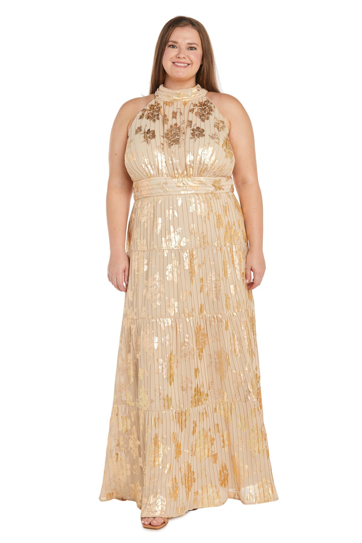 Plus Size Dresses Long Formal Pleated Metallic Plus Size Dress Champagne