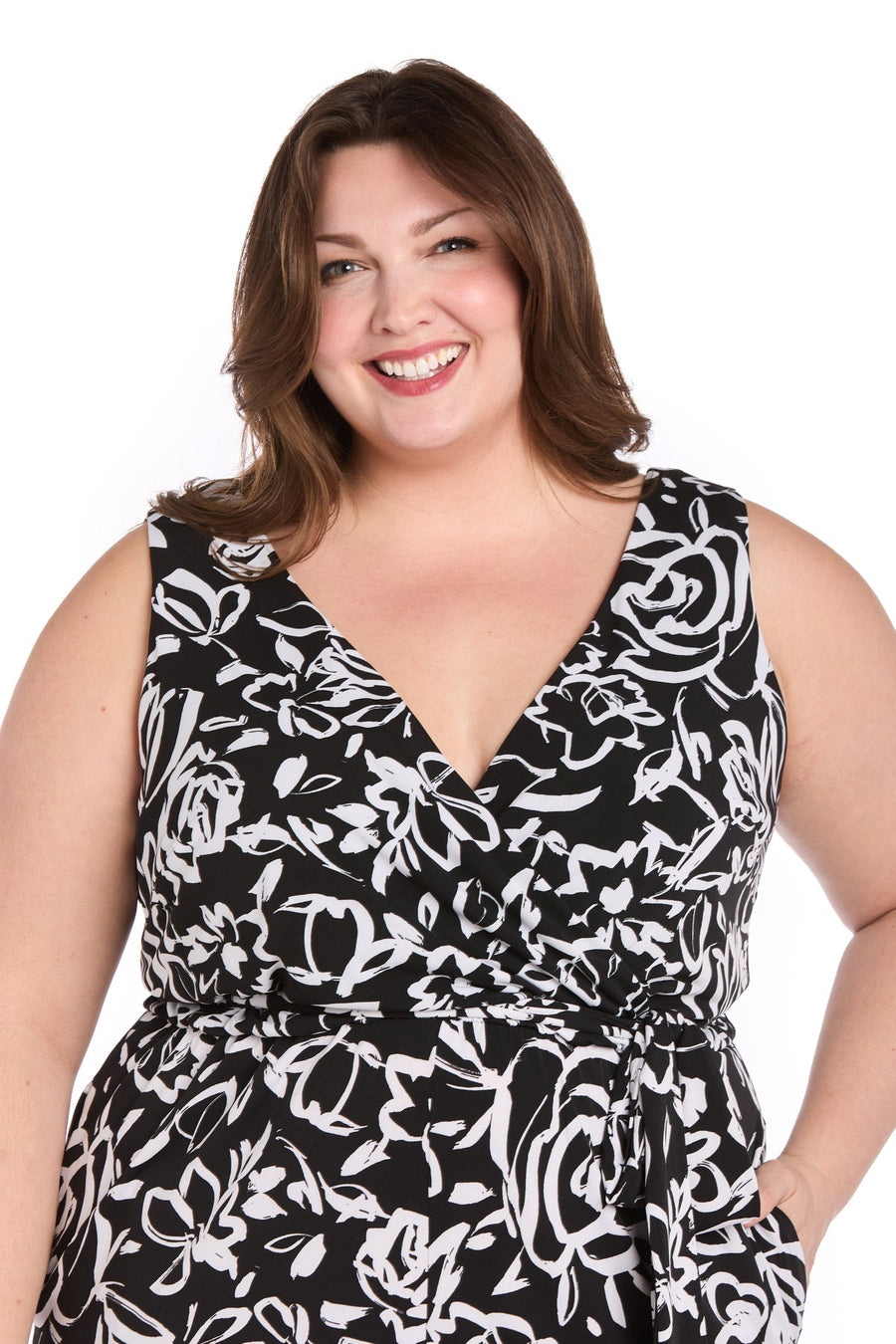 Plus Size Dresses Plus Size Long Formal Pocket Jumpsuit Black/White