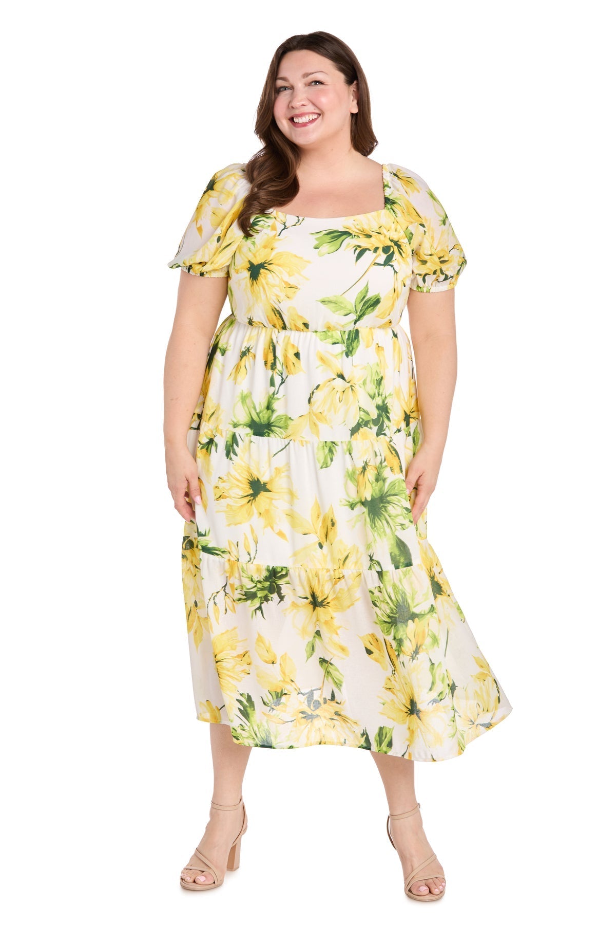 Plus Size Dresses Plus Size Printed Cocktail Midi Length Dress Yellow/Green/White