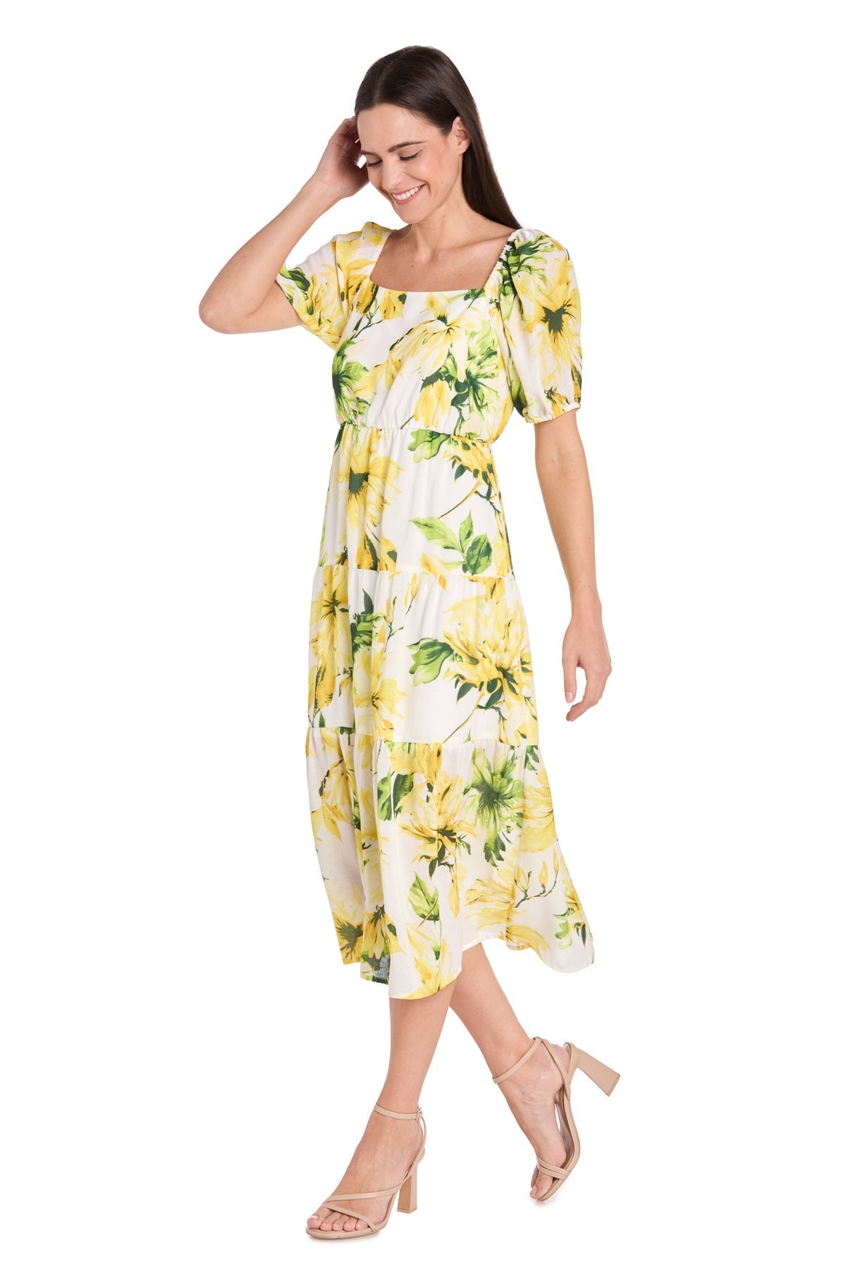 Cocktail Dresses Printed Midi Length A Line Cocktail Dress Yellow/Green/White