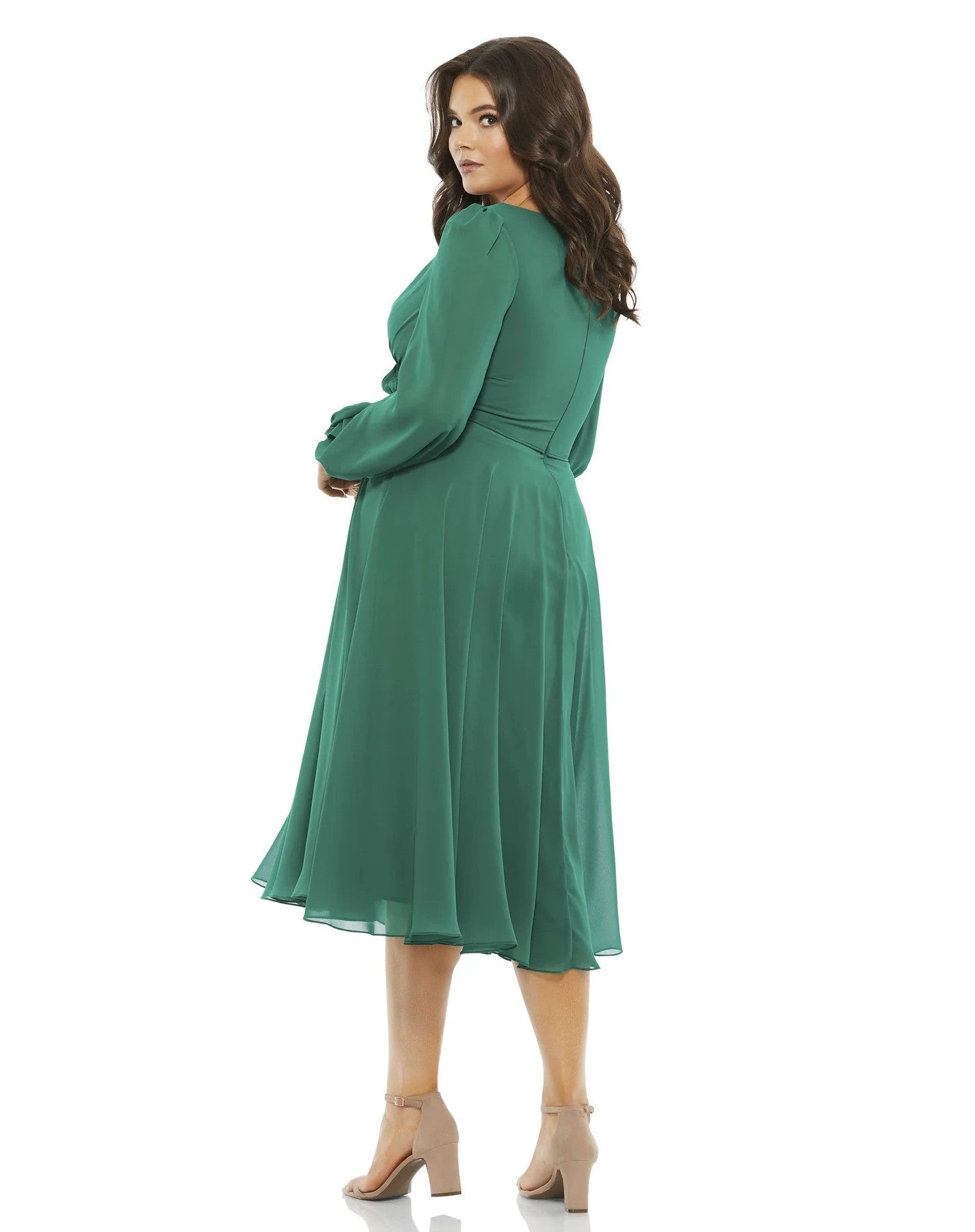 Plus Size Dresses Plus Size Chiffon Bishop Sleeve Surplice Midi Dress Emerald Green