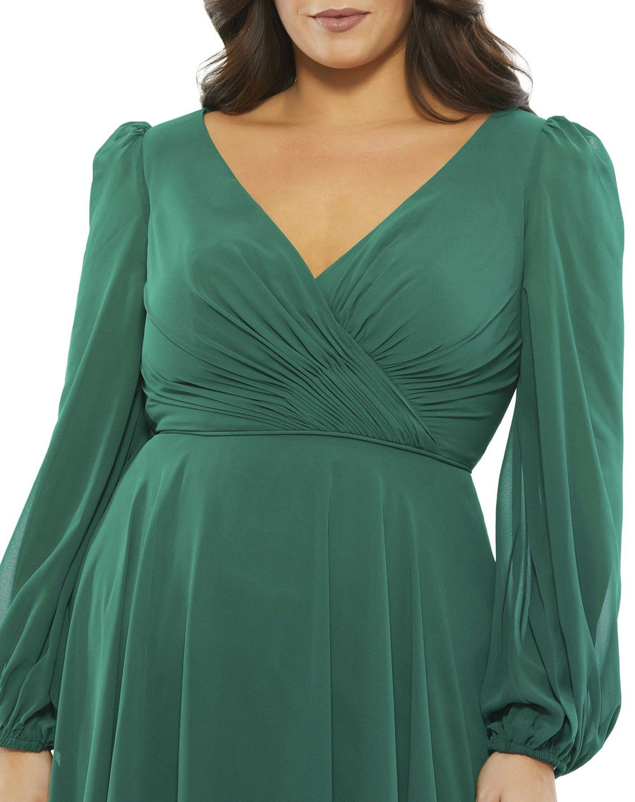 Plus Size Dresses Plus Size Chiffon Bishop Sleeve Surplice Midi Dress Emerald Green