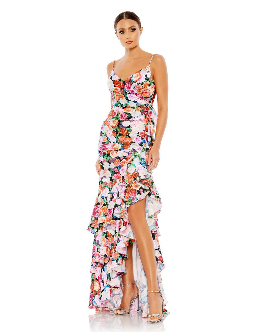 Prom Dresses Floral Print Formal Prom Long Ruffle Dress Multi