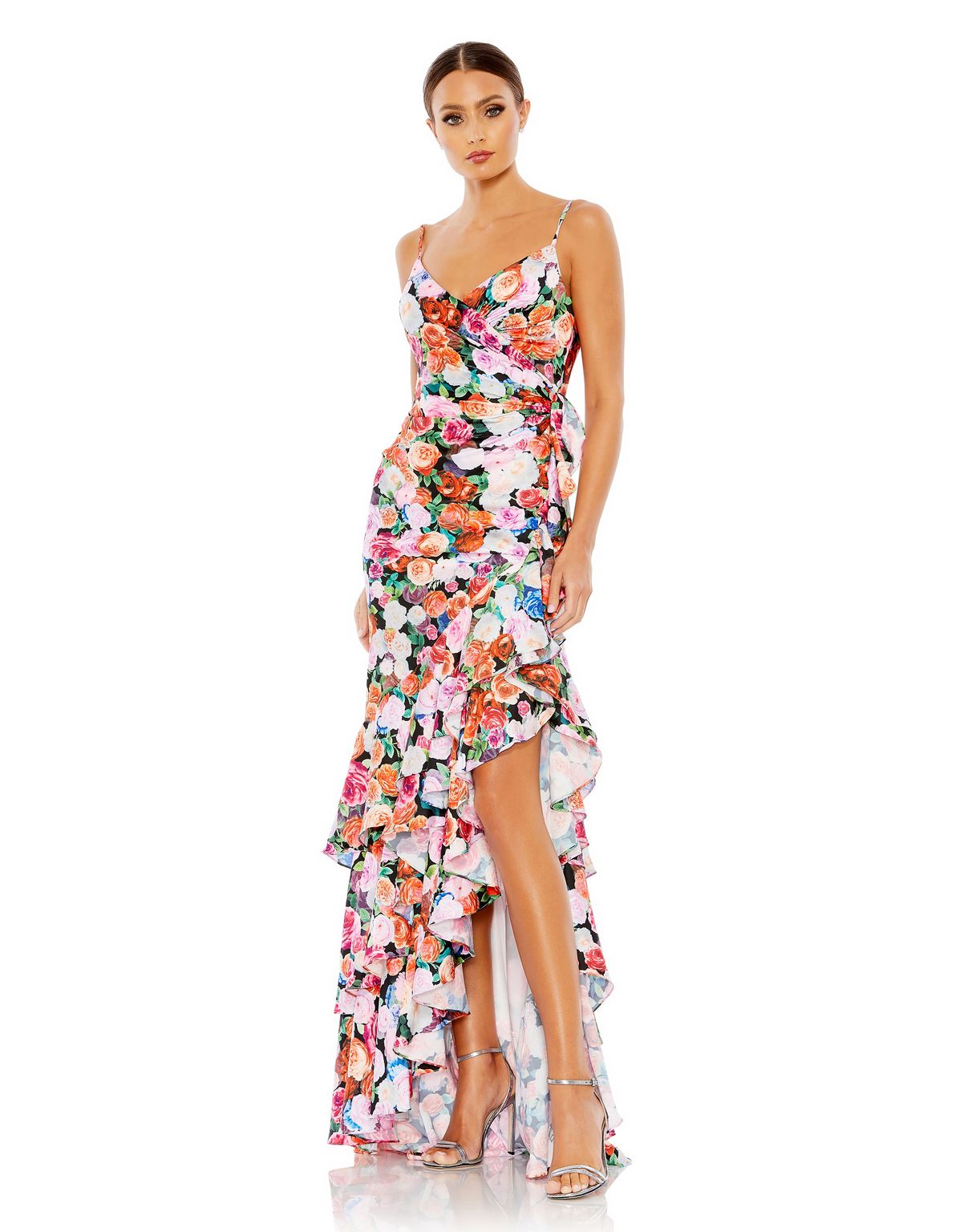 Prom Dresses Floral Print Formal Prom Long Ruffle Dress Multi