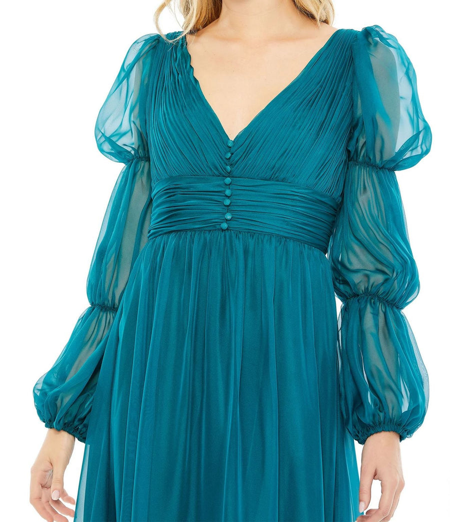 Formal Dresses Long Chiffon Ruched Tiered Puff Sleeve A Line Dress Teal