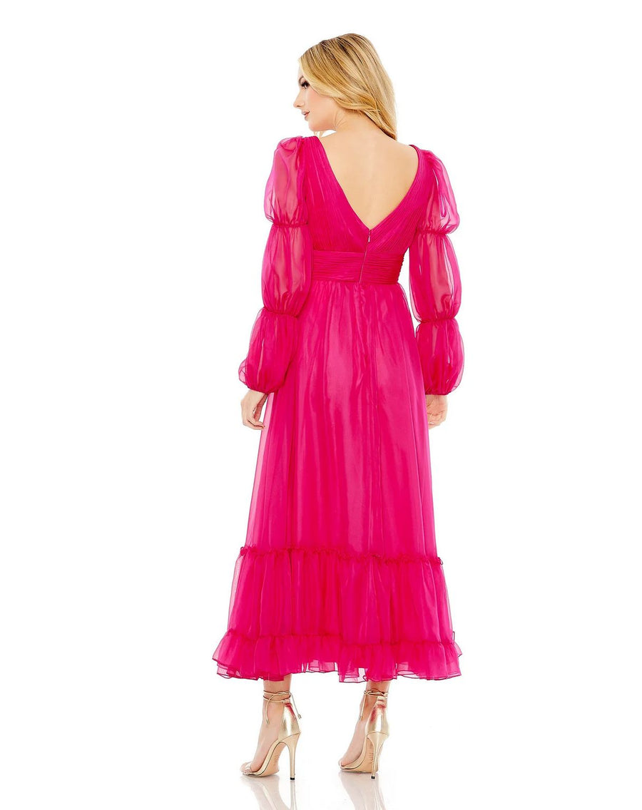 Formal Dresses Long Chiffon Ruched Tiered Puff Sleeve A Line Dress Hot Pink