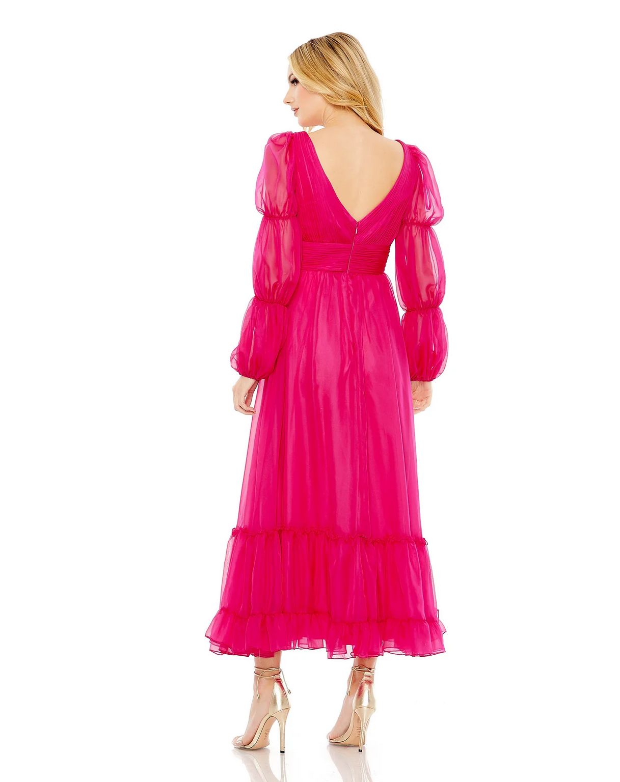 Formal Dresses Long Chiffon Ruched Tiered Puff Sleeve A Line Dress Hot Pink