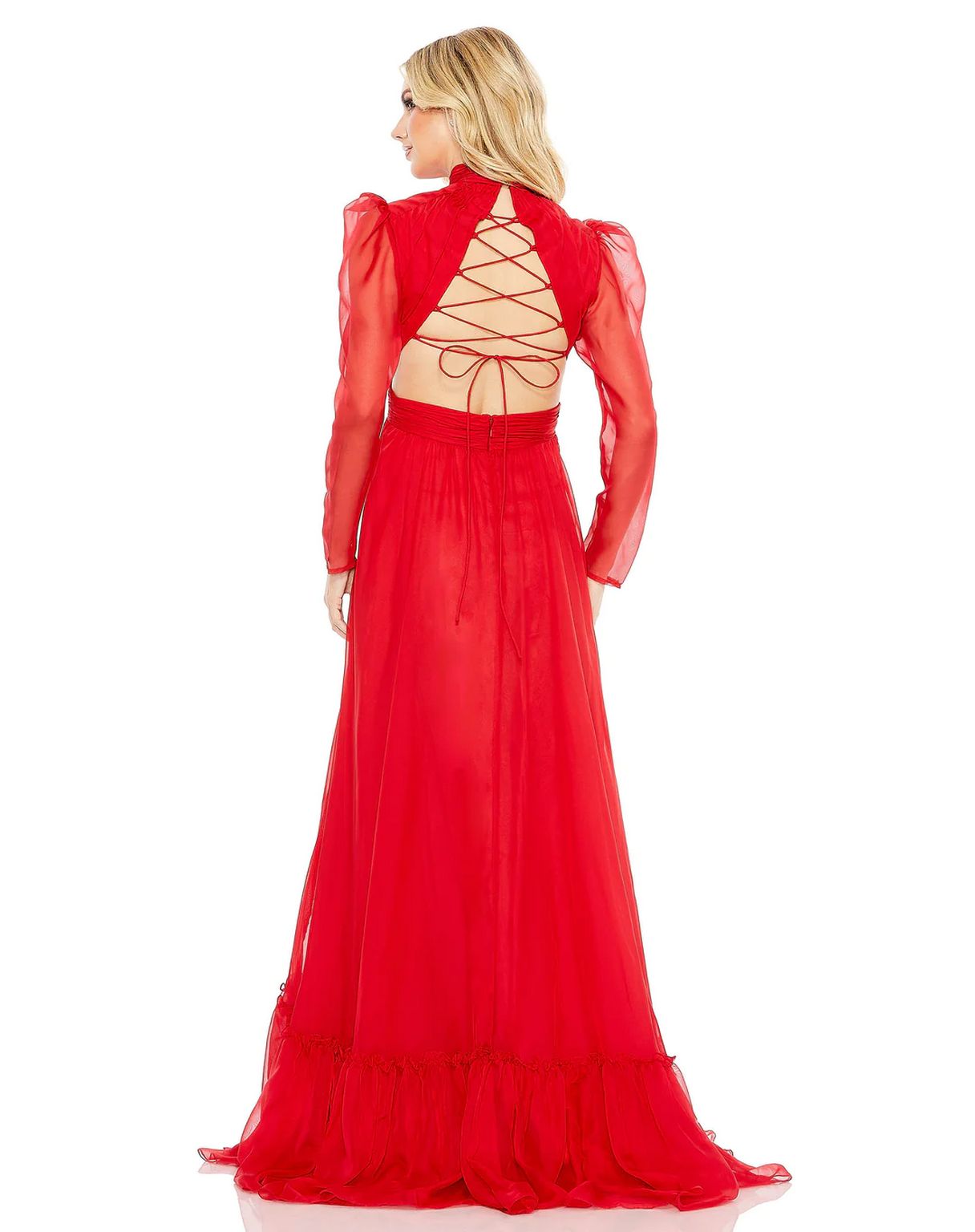 Formal Dresses Long Chiffon Keyhole Puff Sleeve Lace Up Dress Red
