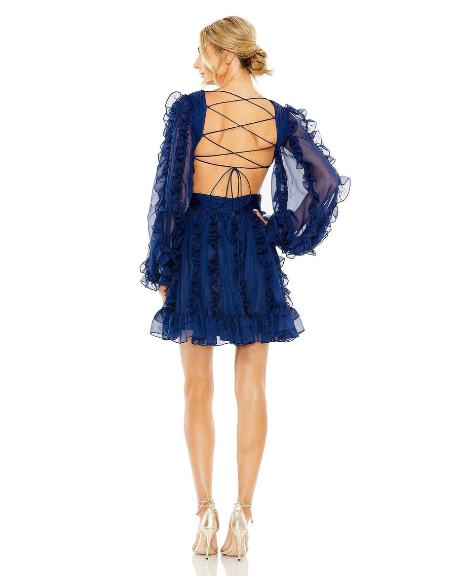 Cocktail Dresses V Neck Corset Back Long Puff Sleeve Ruffle Short Dress Indigo