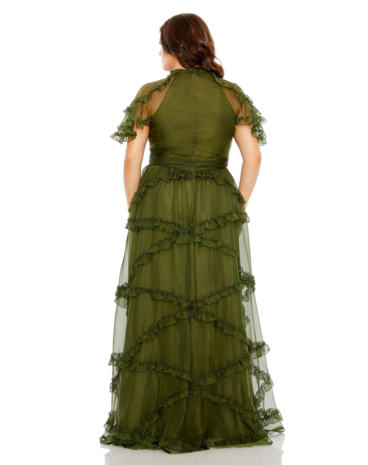 Plus Size Dresses High Neck Ruffle Tiered Flutter Sleeve Plus Size Dress Olive