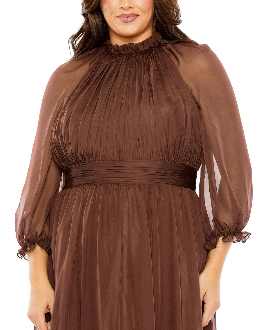 Plus Size Dresses Plus Size Puff Sleeve Tiered A Line Long Dress Chocolate