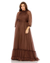 Plus Size Dresses Plus Size Puff Sleeve Tiered A Line Long Dress Chocolate
