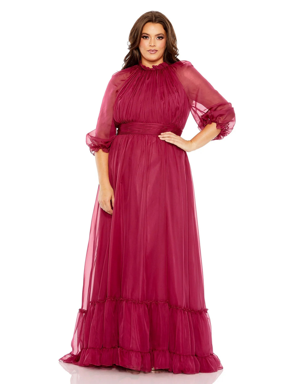 Plus Size Dresses Plus Size Puff Sleeve Tiered A Line Long Dress Crimson