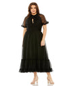Plus Size Dresses Sheer Puff Sleeve Plus Size Midi Dress Black