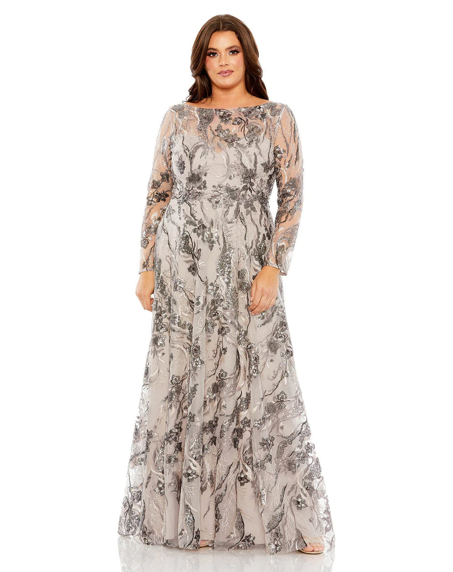 Plus Size Dresses Long Embroidered Long Sleeve A Line Plus Size Dress Taupe