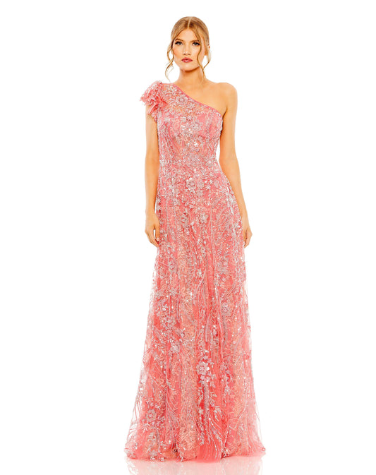 Prom Dresses Long One Shoulder Beaded Lace Prom Dress Coral