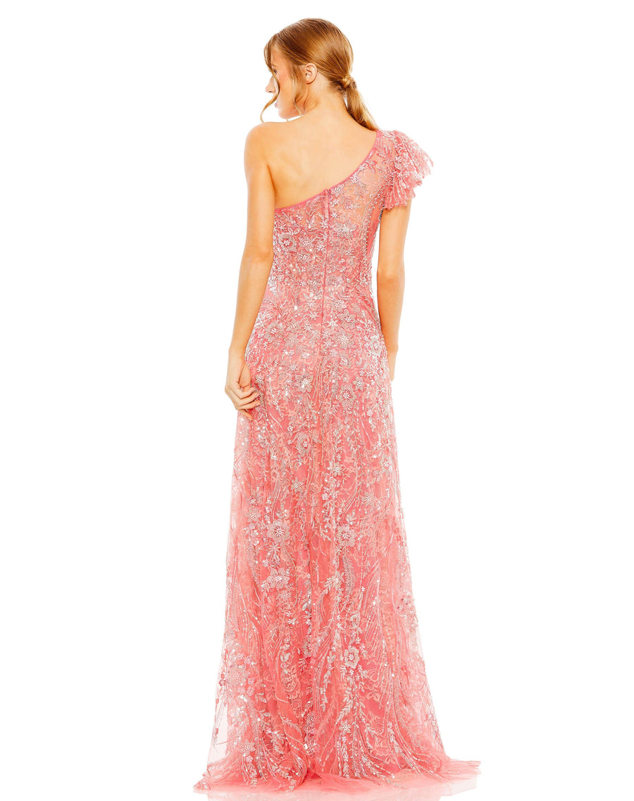 Prom Dresses Long One Shoulder Beaded Lace Prom Dress Coral