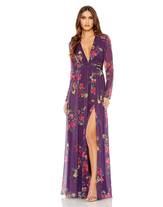 Formal Dresses Printed Long Sleeve Formal Dress Purple Multi