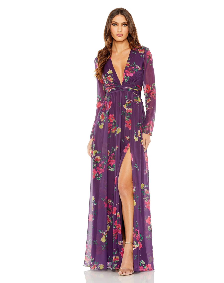 Formal Dresses Printed Long Sleeve Formal Dress Purple Multi