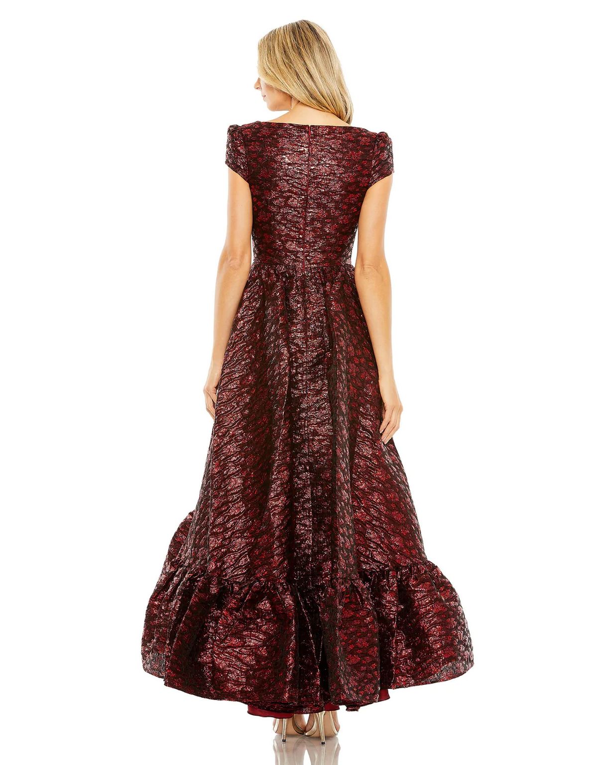 Formal Dresses High Low Short Sleeve Brocade Formal Dress Ruby