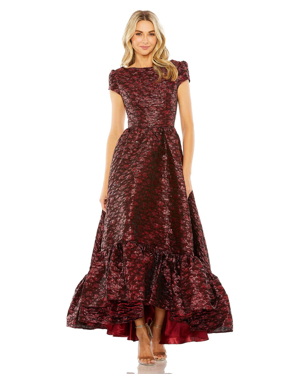 Formal Dresses High Low Short Sleeve Brocade Formal Dress Ruby