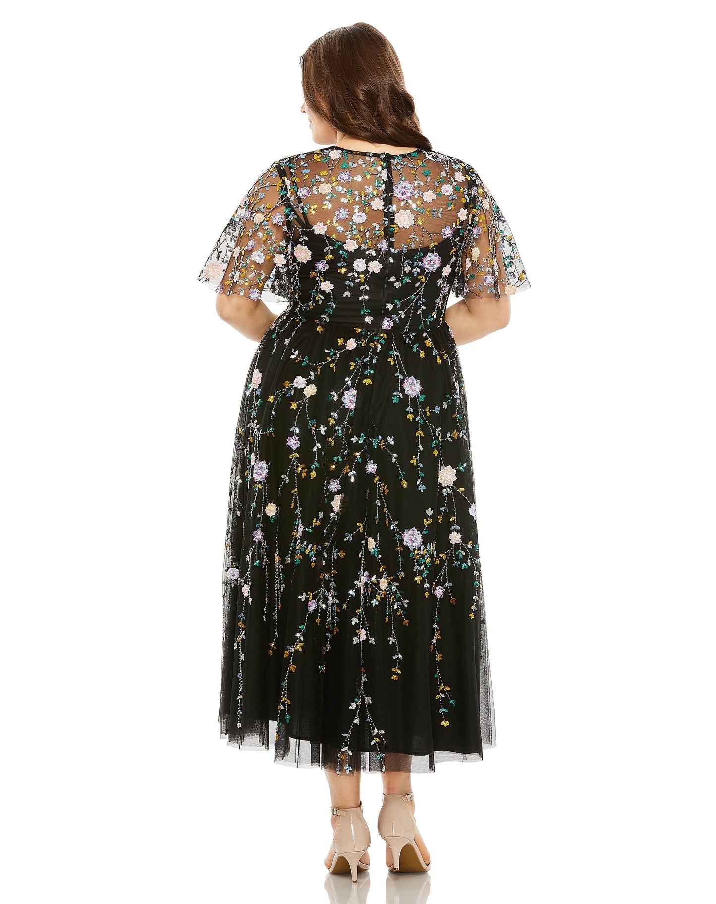 Plus Size Dresses Plus Size Sequin Floral Detail Midi Dress Black Multi