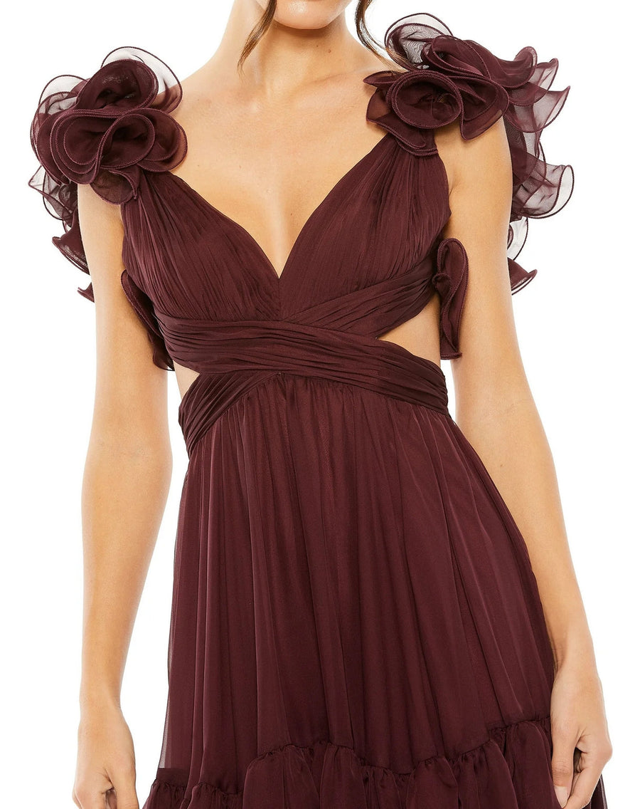 Formal Dresses Ruffle Tiered Cut Out Chiffon Tea Length Dress Bordeaux