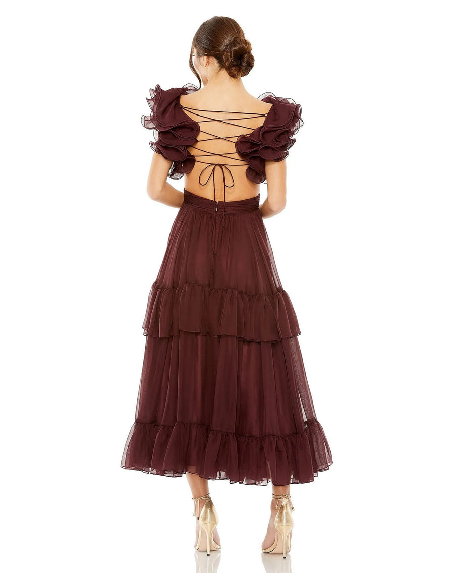 Formal Dresses Ruffle Tiered Cut Out Chiffon Tea Length Dress Bordeaux