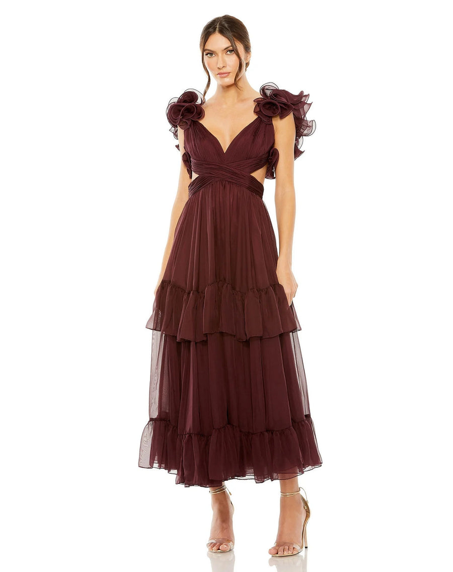 Formal Dresses Ruffle Tiered Cut Out Chiffon Tea Length Dress Bordeaux